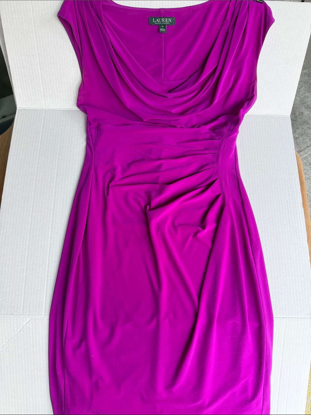 Ralph Lauren Fuchsia Drape-Neck Midi Sheath Dress with Ruching